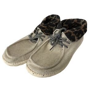 HeyDude Cream Black Cheetah Britt Foldable Cuff Shoes Tie Lace Slip On Womens 7